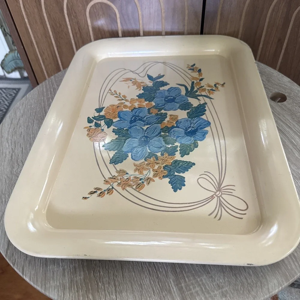 Large White Metal Rectangular Floral Serving Tray w/ Lip Edge, Vintage